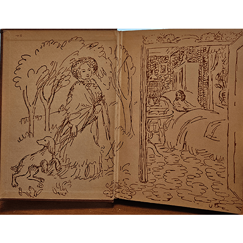 The image shows the illustrated endpapers of Flush: A Biography by Virginia Woolf. The artwork depicts a woman walking with a dog in a garden on the left and a cozy indoor scene with a person reading on the right.