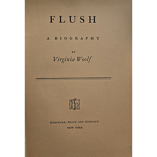 The image shows the title page of Flush: A Biography by Virginia Woolf, published by Harcourt, Brace and Company, New York. The layout features the book title, author’s name, and the publisher’s logo in black text.