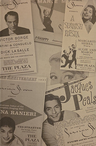 A collage of vintage black-and-white printed posters and program pages featuring performers and theater announcements, including Victor Borge, Margareta Sierra, and Jacques Pérés, arranged overlapping on a light background.