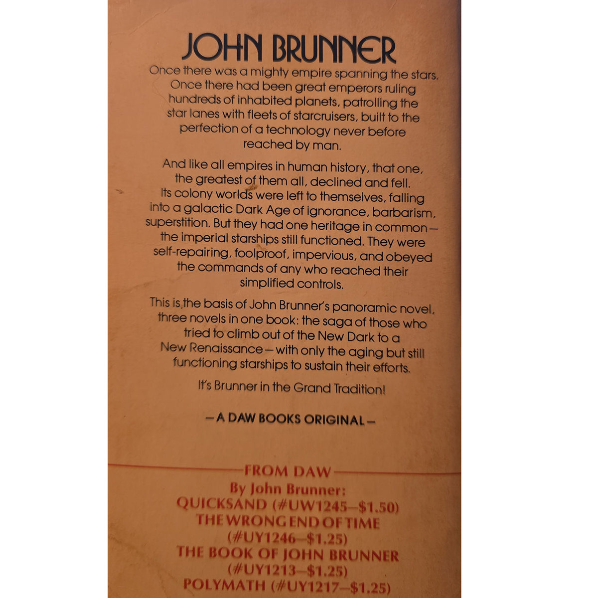 The back cover of a book titled 'John Brunner' from Daw Books, featuring a tan background with black text and a small red publisher logo at the bottom.