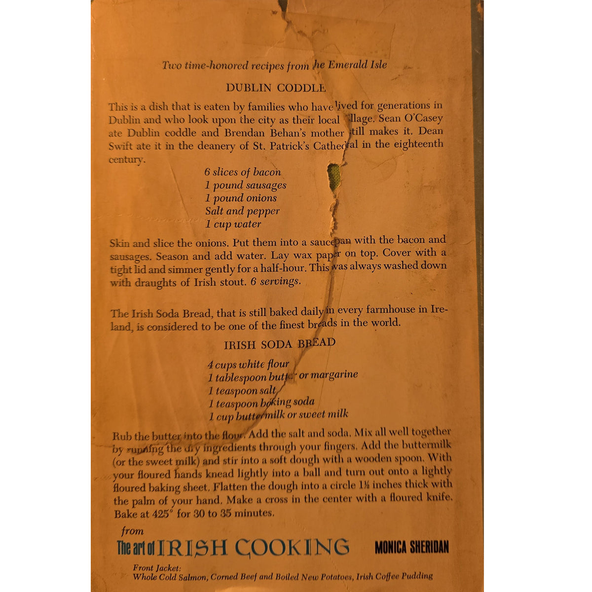 A vintage-style back cover with brown paper recipe card for Dublin Coddle, showing handwritten-style text and measurements for making Irish soda bread, with the title 'DUBLIN CODDLE' at the top and Monica Sheridan's name at the bottom.