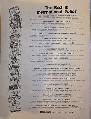 Back cover of early 20th-century dance album listing international folk dance music collections
