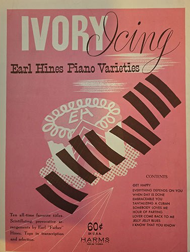 Front cover of 1930s piano folio “Ivory Icing: Earl Hines Piano Varieties” showing bold modernist graphic design in pink tones