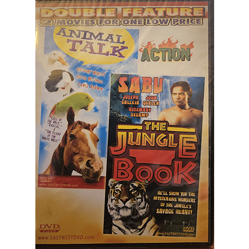 DVD cover featuring a double feature set of Animal Talk, showing animals like a duck, parrot, guinea pig, and horse, and The Jungle Book, with a tiger and Mowgli set against a jungle background.