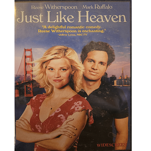 Cover of Just Like Heaven DVD with Reese Witherspoon and Mark Ruffalo standing in front of the Golden Gate Bridge at sunset. The tagline reads, "A delightful romantic comedy," by NBC-TV.