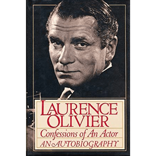 Cover of Laurence Olivier: Confessions of an Actor, featuring a black-and-white portrait of Olivier with bold red typography on a black background.