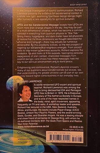Back cover of a book titled 'Body Mind Spirit' by Richard Lawrence, featuring a black space-themed background with a small photo of the author, a blue planet illustration, and a barcode at the bottom.