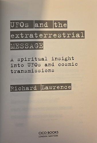 half title pagefor 'UFOs and the extraterrestrial MESSAGE' by Richard Lawrence, published by Cico Books, featuring black typewriter-style text on a warm off-white background.