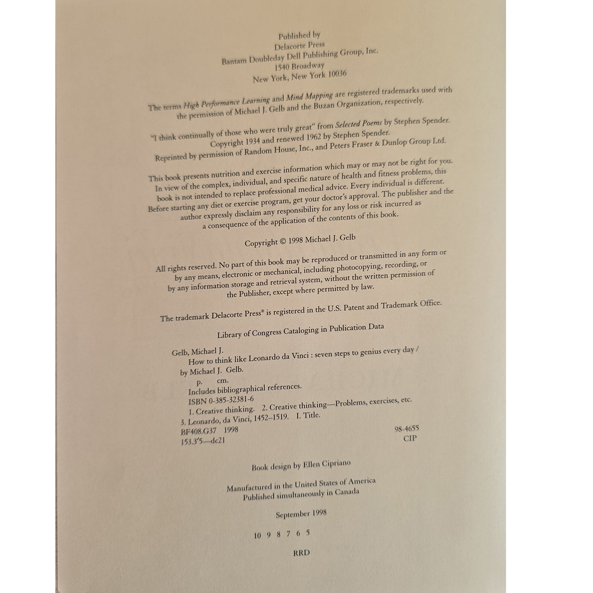 Copyright page showing Michael J. Gelb’s 1998 copyright, Delacorte Press publication details, and fifth-printing number line.