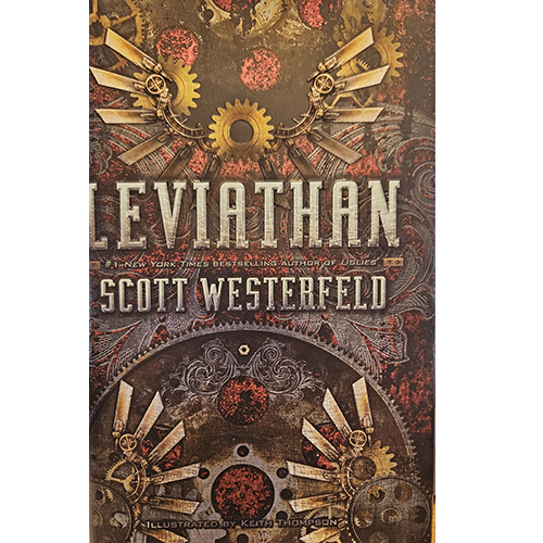 The cover of Leviathan by Scott Westerfeld showcases intricate gears and mechanical designs, symbolizing the steampunk theme. Bold typography and rich illustrations highlight the adventurous tone of the book.