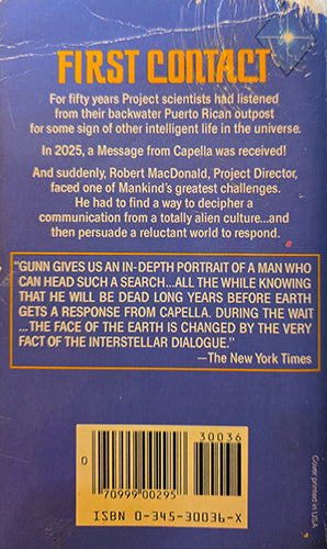The back cover of the book 'First Contact' featuring a dark blue background with orange and white text, a gold barcode box at the bottom, and a New York Times quote box.