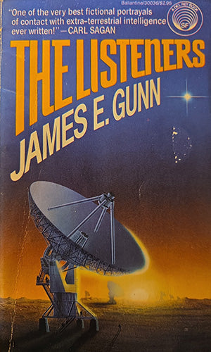 Book cover for 'The Listeners' by James E. Gunn, featuring a large radio dish in a desert landscape under a dark blue sky with yellow title text.