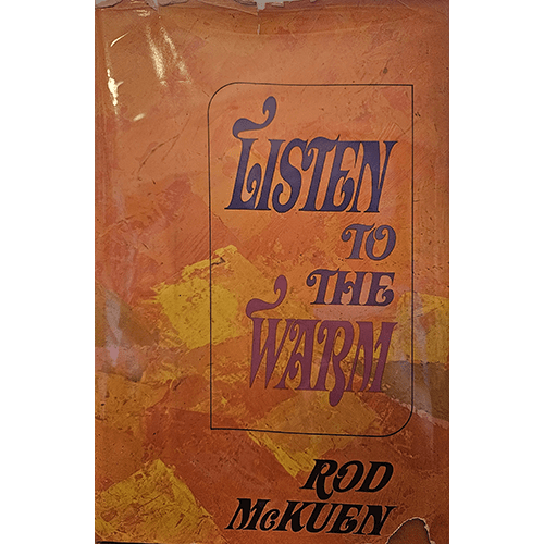 Cover of Listen to the Warm by Rod McKuen. Orange and yellow textured background with bold purple typography for the title, centered in a rectangular frame, capturing a warm, nostalgic feel.