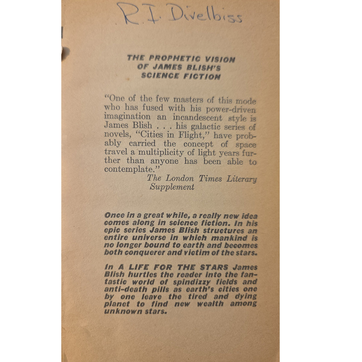 A vintage book or magazine page printed on aged tan paper, featuring an excerpt from James Blish's science fiction work 'The Prophetic Vision' with handwritten text at the top reading 'R.I.