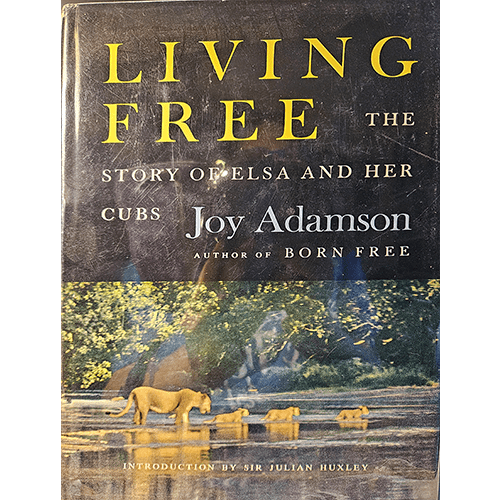 The cover of Living Free: The Story of Elsa and Her Cubs features a stunning image of a lioness and her cubs walking near a body of water, emphasizing the natural beauty and wildlife depicted in the book.