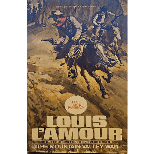 The cover of "The Mountain Valley War" by Louis L'Amour features a dynamic scene of two horsemen in a rugged landscape, one aiming a rifle, capturing the intense action of this classic Western.