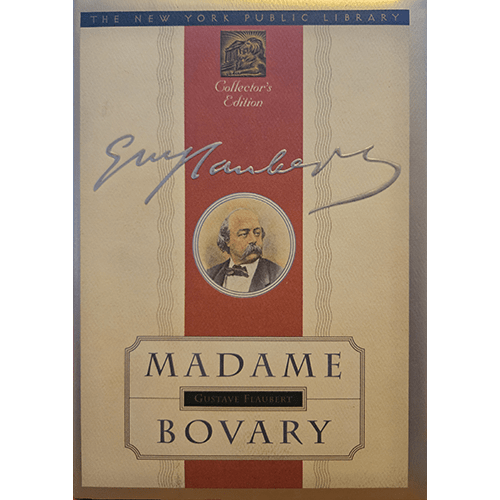 Cover of Madame Bovary by Gustave Flaubert, Collector's Edition by The New York Public Library, featuring a portrait of Flaubert, a classic design with a beige background, and red and black accents.