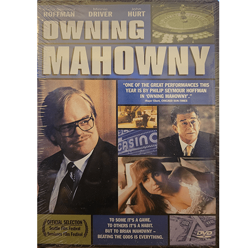 DVD cover of Owning Mahowny featuring Philip Seymour Hoffman, with supporting characters portrayed by Minnie Driver and John Hurt. Tagline: "To some it's a game. To others it's a habit. To Mahowny, beating the odds is everything."