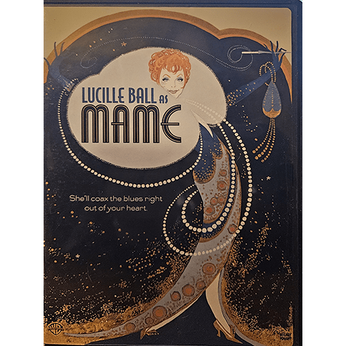 Cover of the DVD "Lucille Ball as Mame," featuring a stylized illustration of Lucille Ball as Mame Dennis in a glamorous dress with swirling patterns, set against a dark, elegant background with gold accents.