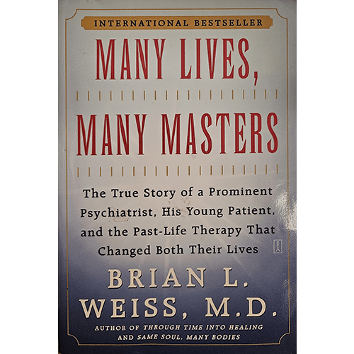 Cover of Many Lives, Many Masters by Brian Weiss, M.D. Features a simple design with a gradient background from beige to blue, large red and gold titles, and smaller text about past-life therapy and healing.