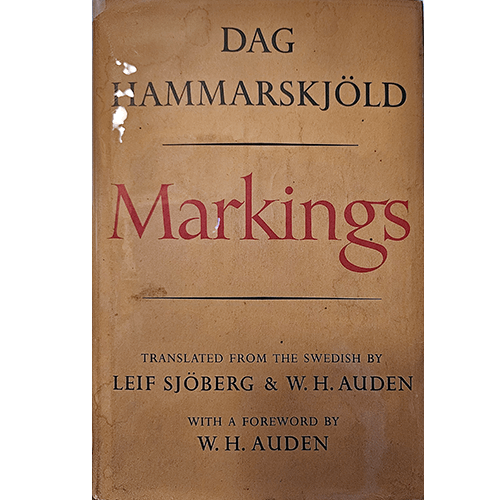 The 1965 first edition cover of Markings by Dag Hammarskjöld shows a beige background with bold black and red text, translated by Leif Sjöberg and W.H. Auden, with a foreword by Auden.