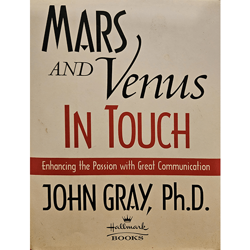 The cover of Mars and Venus In Touch by John Gray, Ph.D., features bold typography in black and red, emphasizing communication in relationships. A Hallmark Books edition on enhancing intimacy through dialogue.