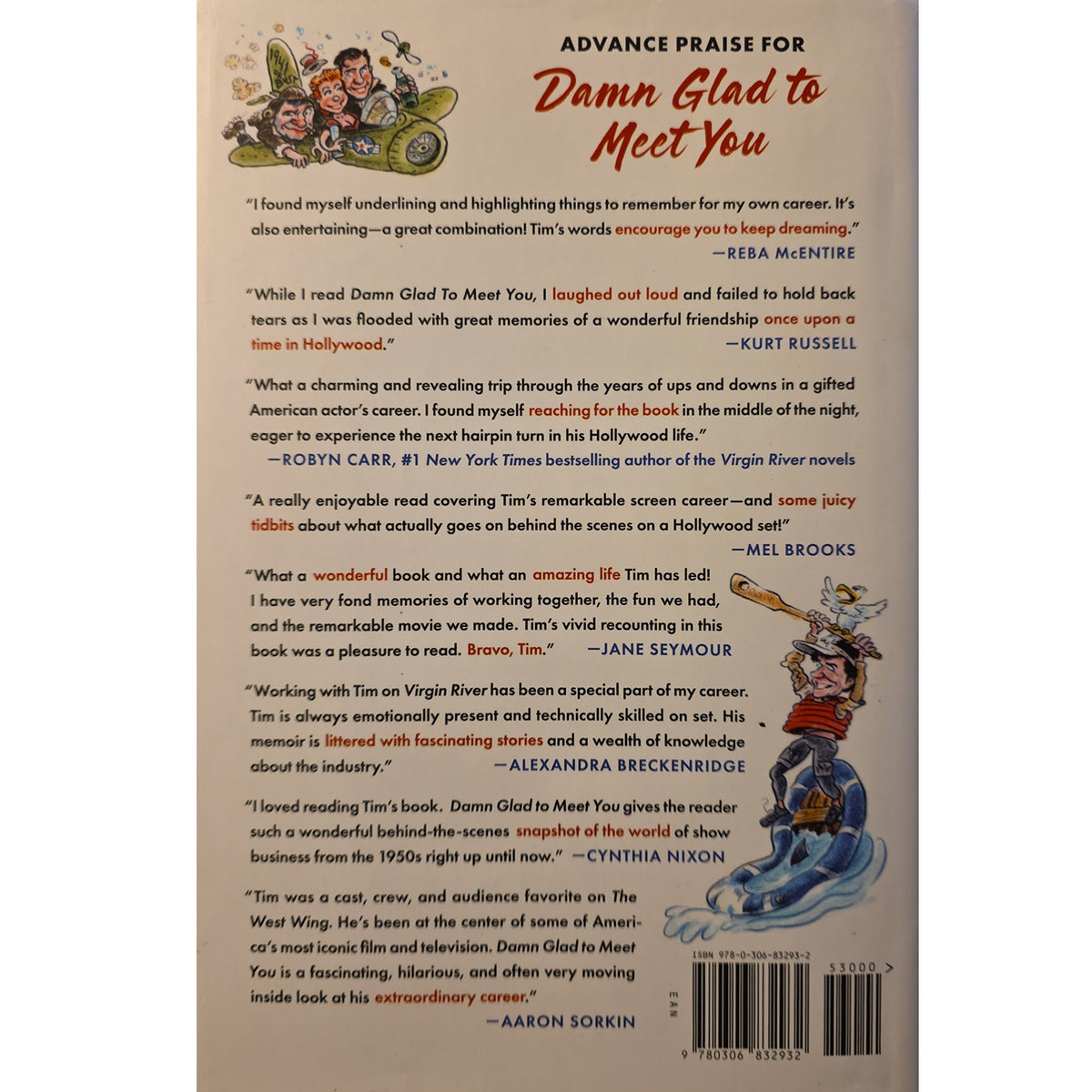 Back cover of the book 'Advance Praise for Damn Glad to Meet' showing a beige background with multiple colorful illustrations of birds, a butterfly, and a fish, along with several review quotes and a barcode.