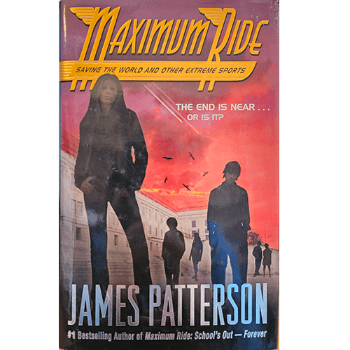Cover of Maximum Ride: Saving the World and Other Extreme Sports by James Patterson, featuring silhouetted teens against a vivid red-orange sky.