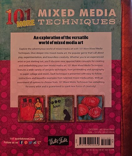 Back cover of 101 More Mixed Media Techniques describing mixed media art techniques and creative exploration