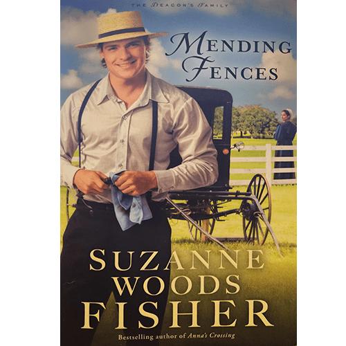 The cover of Mending Fences features a smiling Amish man in suspenders, standing in a bright green field beside a horse-drawn buggy, with a peaceful Amish countryside in the background.