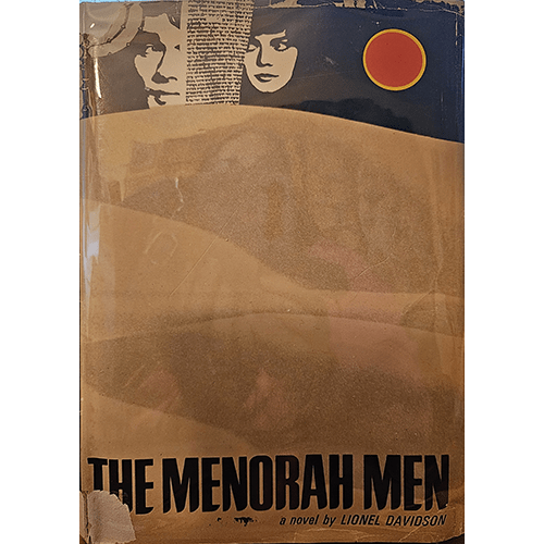 The dust jacket of The Menorah Men by Lionel Davidson features a desert landscape with images of two faces and a red sun. The worn dust jacket is protected with a Brodart cover, adding a vintage appeal.