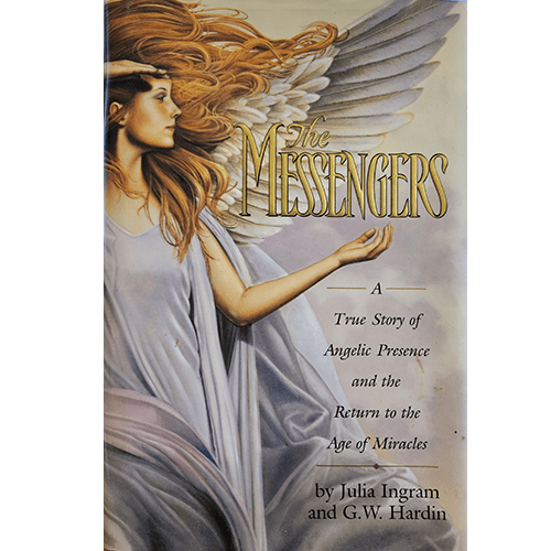 The cover of "The Messengers" features a majestic angel with flowing golden hair and powerful wings, symbolizing divine presence. The serene background reflects the spiritual and miraculous themes of the book.