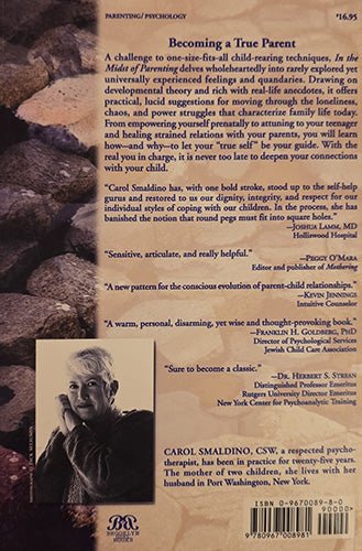 Back cover of In the Midst of Parenting with descriptive text and ISBN barcode