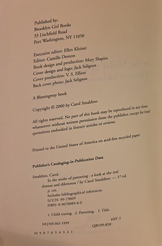 Copyright page of In the Midst of Parenting showing publication details