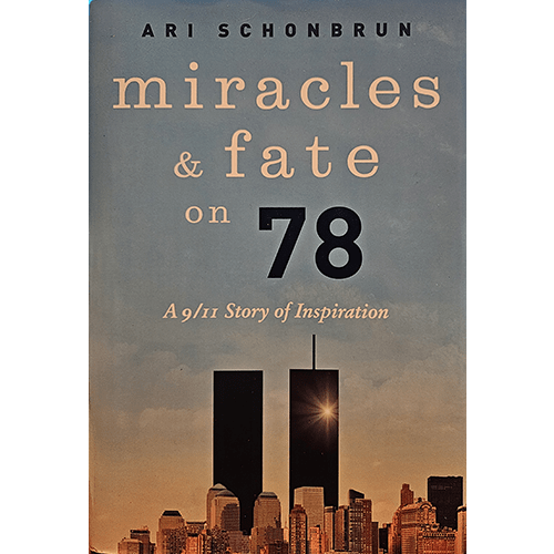 The cover of Miracles & Fate on 78 features a serene sky over the Twin Towers with bold, simple typography. The title and author are prominent, conveying the book's theme of survival and inspiration.