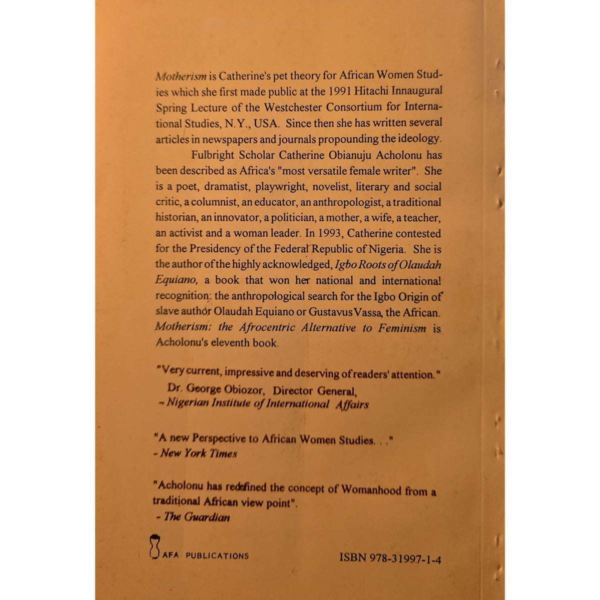 The back cover of a book titled 'Motherhood' published by AFA Publications, featuring black text printed on a warm brown paper background.