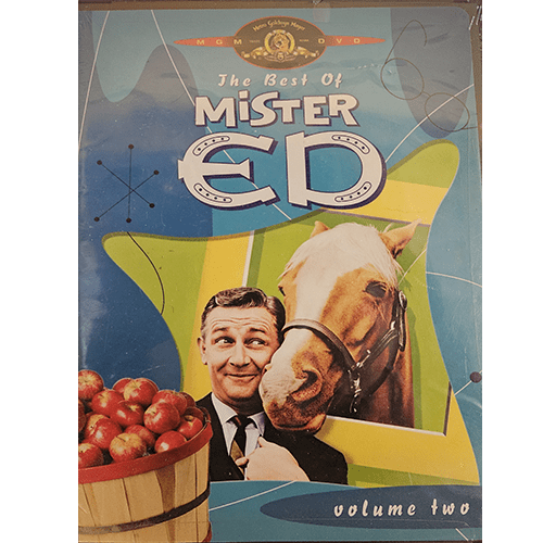 Cover of The Best of Mister Ed: Volume Two DVD, featuring Mister Ed and Wilbur Post smiling in a framed photo against a playful retro background with a barrel of apples and the MGM logo.