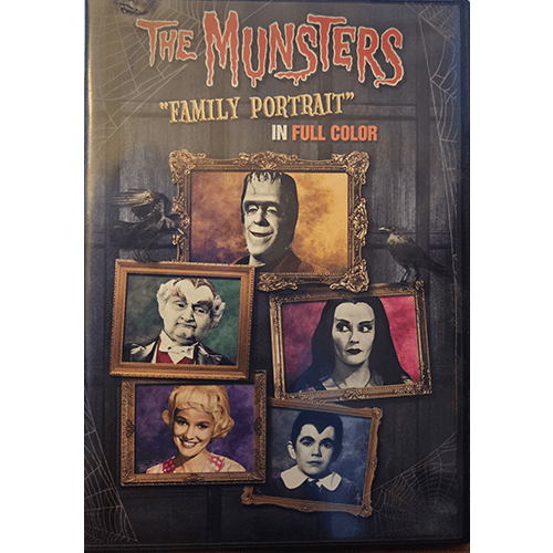 The Munsters: Family Portrait DVD cover showing Herman, Lily, Grandpa, Marilyn, and Eddie in ornate frames. Title reads "The Munsters Family Portrait in Full Color." New and sealed.