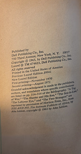 Copyright page of African Myths & Tales showing the First Dell Laurel Edition, 1971.