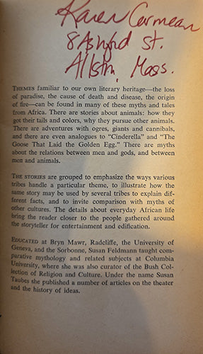 Ownership inscription of Karen Carmean in African Myths & Tales from the Thomas Doane Perry Collection.