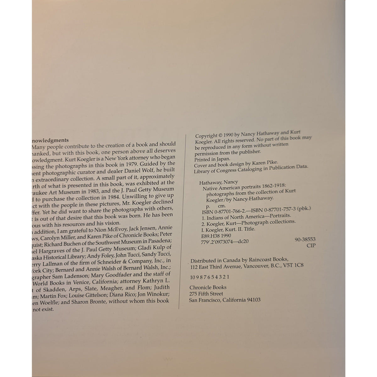 Copyright page showing Chronicle Books, 1990 copyright, and the first-printing number line.