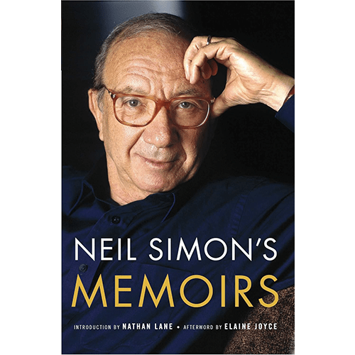 Cover of Neil Simon’s Memoirs, featuring a portrait of the legendary playwright with glasses, smiling, resting his hand on his forehead against a dark background.