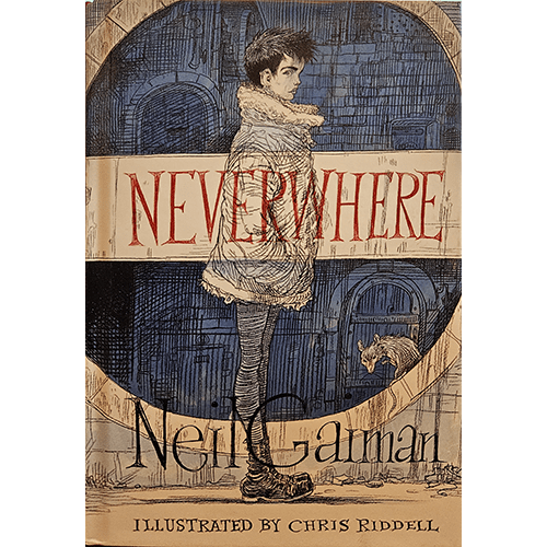 Cover of Neverwhere by Neil Gaiman, illustrated by Chris Riddell. The cover features a young man in a coat standing in a shadowy, mystical alley, with a small creature at his feet, evoking a dark, mysterious atmosphere.