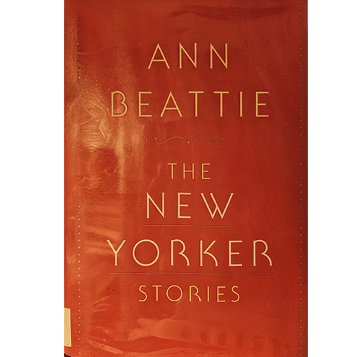 The cover of The New Yorker Stories by Ann Beattie features a striking red background with simple typography, highlighting the author’s name in gold text above the title in white, with a library sticker.