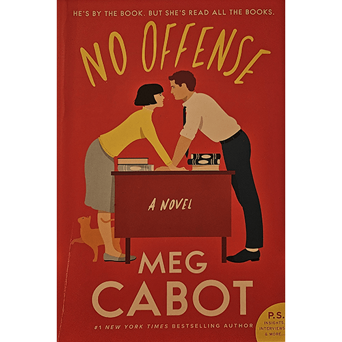 The cover of No Offense by Meg Cabot features a retro-style illustration of a librarian and a sheriff leaning over a desk, set against a bold red background with playful typography.