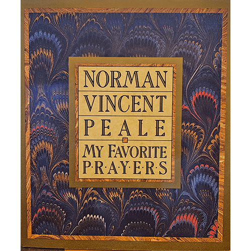 Cover of "Norman Vincent Peale: My Favorite Prayers" featuring a marbled background with intricate designs in blue, red, and gold, and a central box containing the title and author's name in bold, classic font.