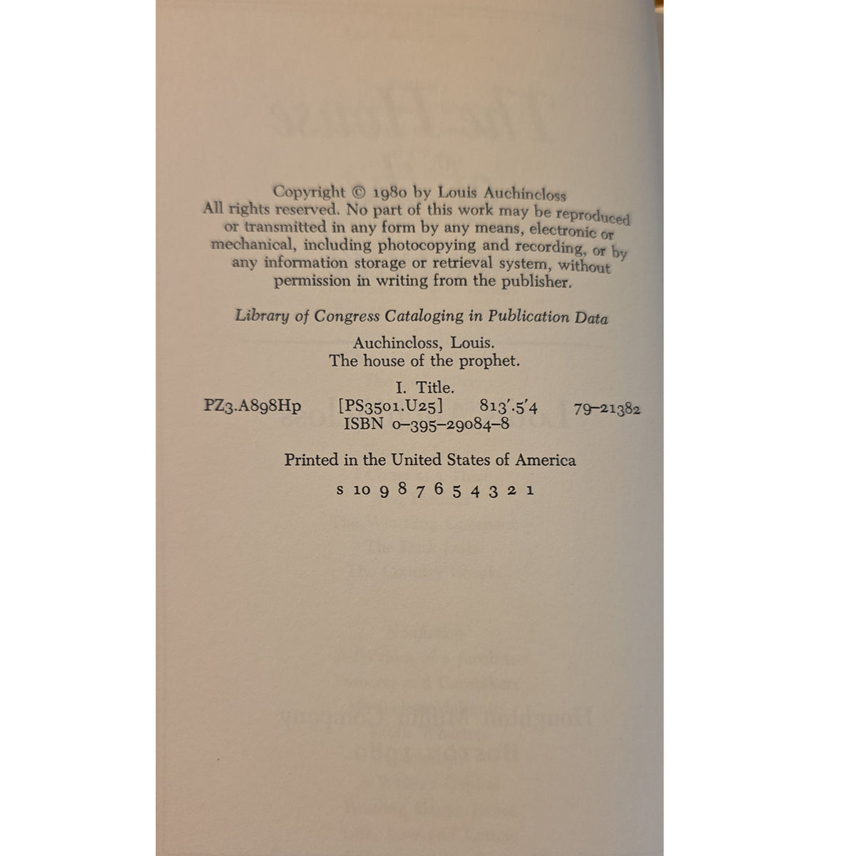 A close-up of a book's copyright page printed on aged beige paper, showing publication details for 'The house of the prophet' by Louis Aitchinless.
