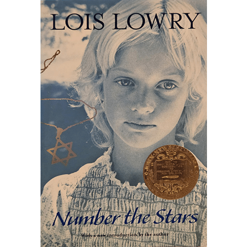 **Alt Text for the Book Cover:**  "Cover of 'Number the Stars' by Lois Lowry, featuring a young girl with blonde hair and a solemn expression. She wears a necklace with a Star of David pendant. The background shows a historical setting with muted colors, reflecting the WWII era."