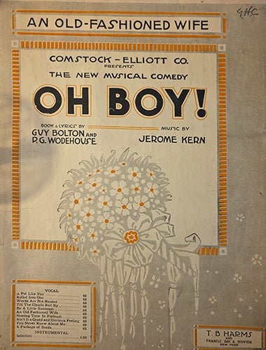 Front cover of vintage Broadway sheet music “Oh, Boy!” showing illustrated Art Nouveau–style theatrical design