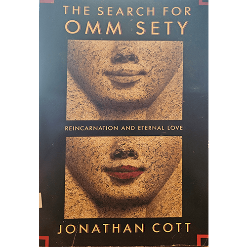 The cover of "The Search for Omm Sety" by Jonathan Cott features a close-up of an ancient Egyptian stone statue's lips, with two sections showing natural and painted red lips, set against a black background.